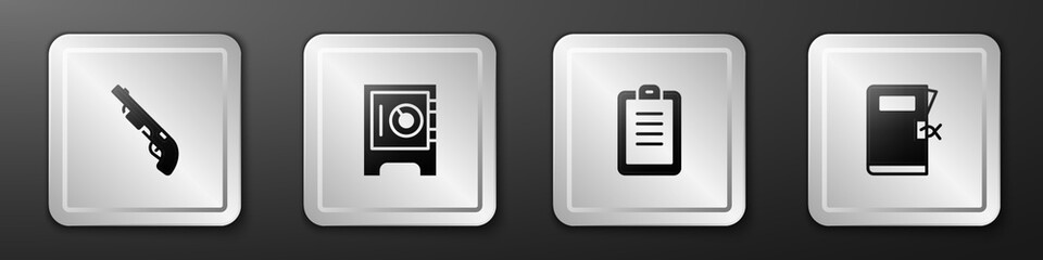 Set Police shotgun, Safe, report and station folder icon. Silver square button. Vector