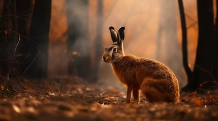 Foto op Aluminium A wild hare is depicted amidst the smoke and flames of a burning forest in the background. Generative AI © Kateryna Kordubailo