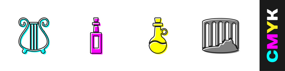 Set Ancient lyre, Bottle of olive oil, and column icon. Vector