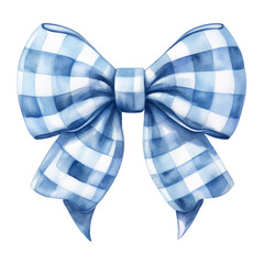 A blue gingham bow on a white background with a watercolor effect. Generative AI