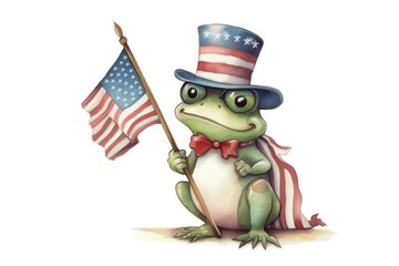 A smiling cartoon frog in a hat holding an American flag for 4th of July Independence Day. Generative AI.