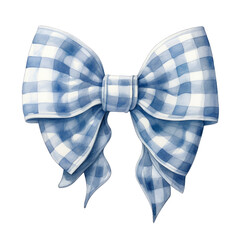 A blue gingham bow on a white background with a watercolor effect. Generative AI