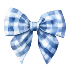 A blue gingham bow on a white background with a watercolor effect. Generative AI