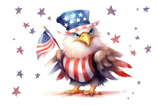 A cartoon eagle with an American flag celebrates 4th of July Independence Day. Generative AI.