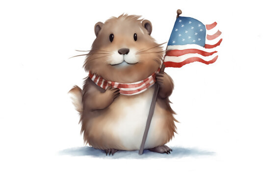A cartoon groundhog holds an American flag to celebrate 4th of July Independence Day. Generative AI.