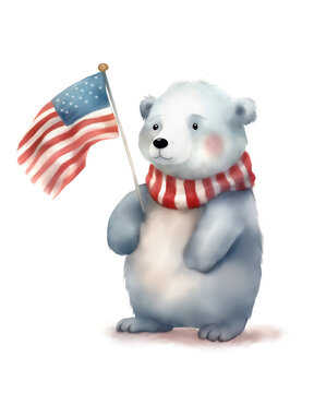 A cartoon polar bear with an American flag celebrates 4th of July Independence Day. Generative AI.