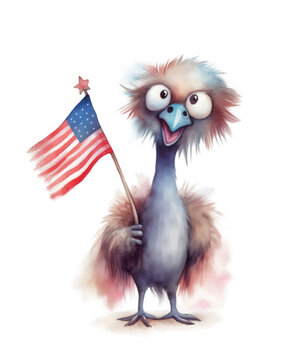A cartoon funny ostrich holds an American flag for 4th of July Independence Day. Generative AI.