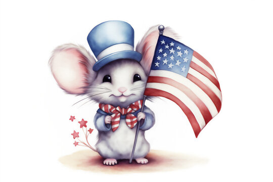 A cartoon mouse holds an American flag for 4th of July Independence Day. Generative AI.