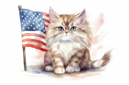 A cartoon tabby cat with an American flag celebrates 4th of July Independence Day. Generative AI.