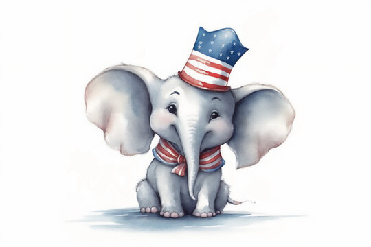 A smiling cartoon elephant in an hat with American flag celebrates 4th of July Independence Day. Generative AI.