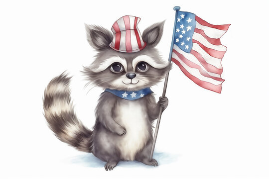 A cartoon racoon with an American flag celebrates 4th of July Independence Day. Generative AI.