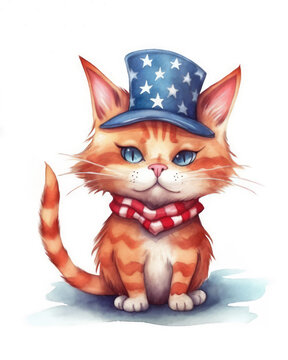 A cartoon American orange cat celebrates 4th of July Independence Day. Generative AI.