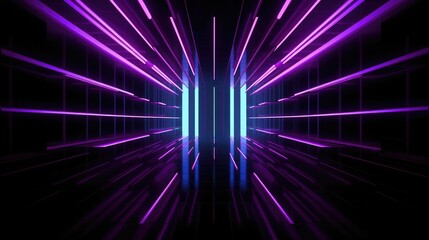 Fototapeta premium The front door of a room with fluorescent beams of light. Futuristic geometric abstraction, neon lights background. Generative AI