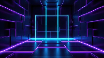 The front door of a room with fluorescent beams of light. Futuristic geometric abstraction, neon lights background. Generative AI
