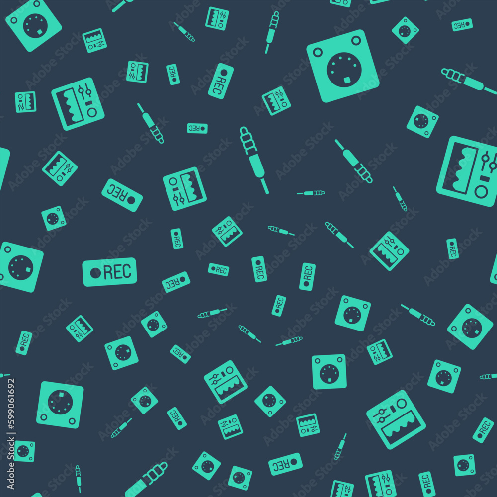 Poster set audio jack, drum machine, record button and on seamless pattern. vector