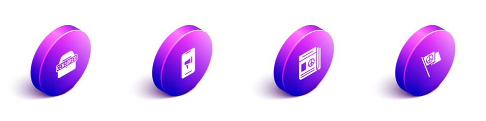 Set Isometric Censored stamp, Protest, News and Peace icon. Vector