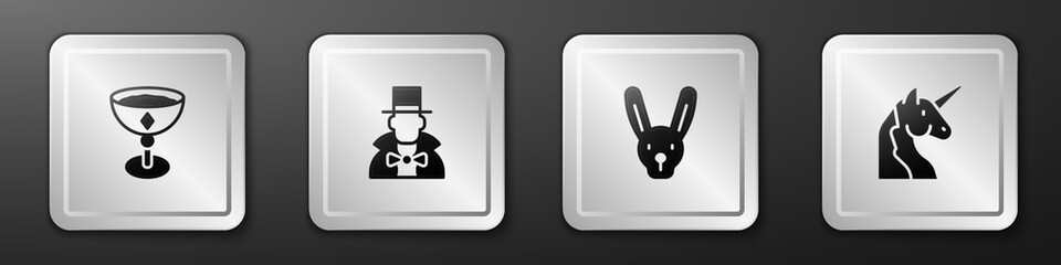 Set Medieval goblet, Magician, Rabbit with ears and Unicorn icon. Silver square button. Vector