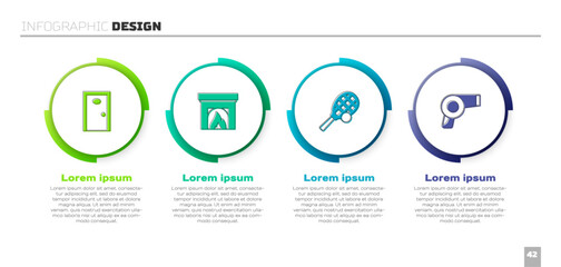 Set Hotel door, Interior fireplace, Tennis racket with ball and Hair dryer. Business infographic template. Vector