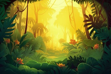 a painting of a jungle scene with sun shining through the trees, generative AI