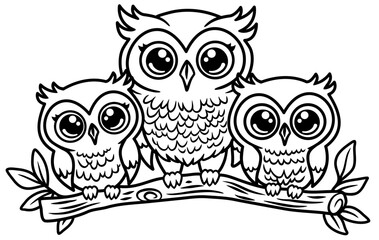 Cute owl falmily, outline vector design