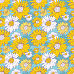 Seamless floral pattern. Yellow and white daisies flowers on a light blue background. Graphic textile texture with summer colors. Vector illustration. 
