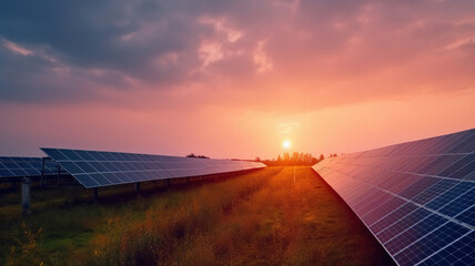 Solar panels equipment panoramic view at sunset. Clean ecological electricity production, renewable energy concept.
