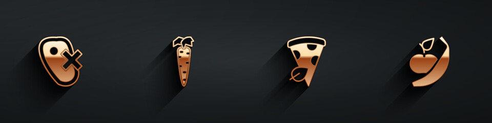 Set No meat, Carrot, Vegan pizza slice and Apple and banana icon with long shadow. Vector