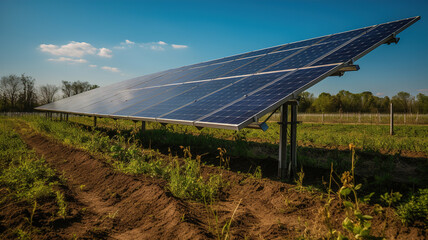 Solar panels equipment panoramic view at sunset. Clean ecological electricity production, renewable energy concept.