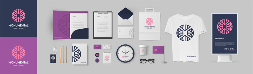 Violet and blue colors corporate identity template. Minimal style circle logo, folder A4, letterhead, lightbox and business card mockup. - obrazy, fototapety, plakaty