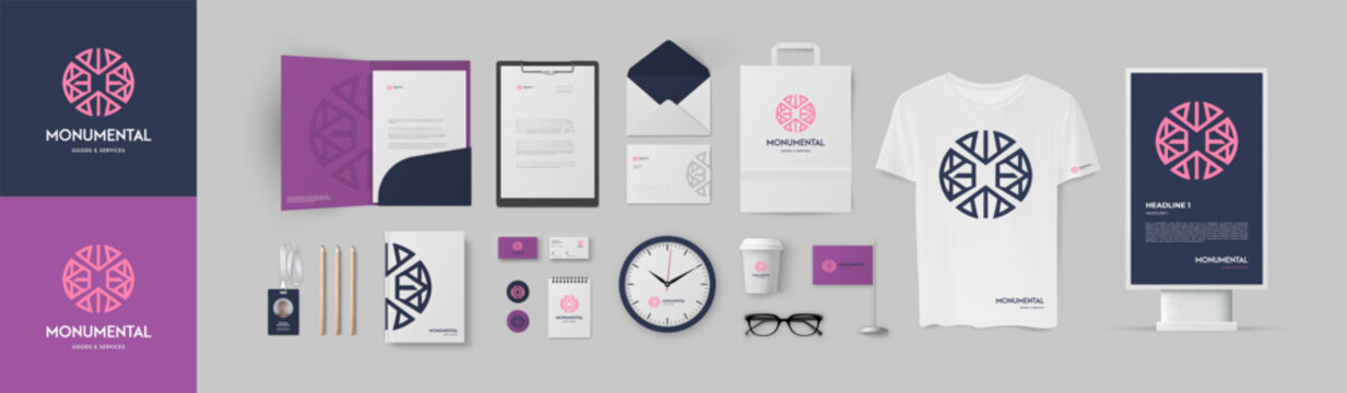Violet and blue colors corporate identity template. Minimal style circle logo, folder A4, letterhead, lightbox and business card mockup.