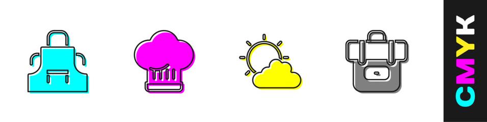 Set Kitchen apron, Chef hat, Sun and cloud weather and Hiking backpack icon. Vector