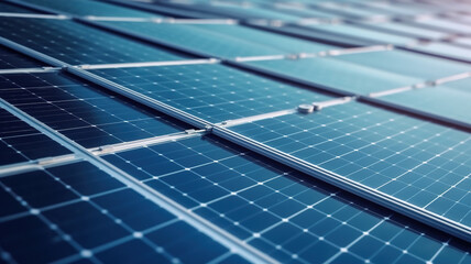 Solar power plant panel close-up view background. Electric solar battery station panels cells. Clean ecological electricity production, renewable energy concept.