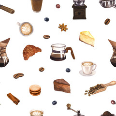 Watercolor seamless pattern coffee and dessert. Colorful detailed, with lots of objects. Hand-drawn illustration isolated on white background. Perfect food menu, concept for cafe, restaurant element