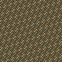 Seamless geometric pattern of thin vertical brown zigzag lines on a black background. Graphic textile texture. Vector illustration.