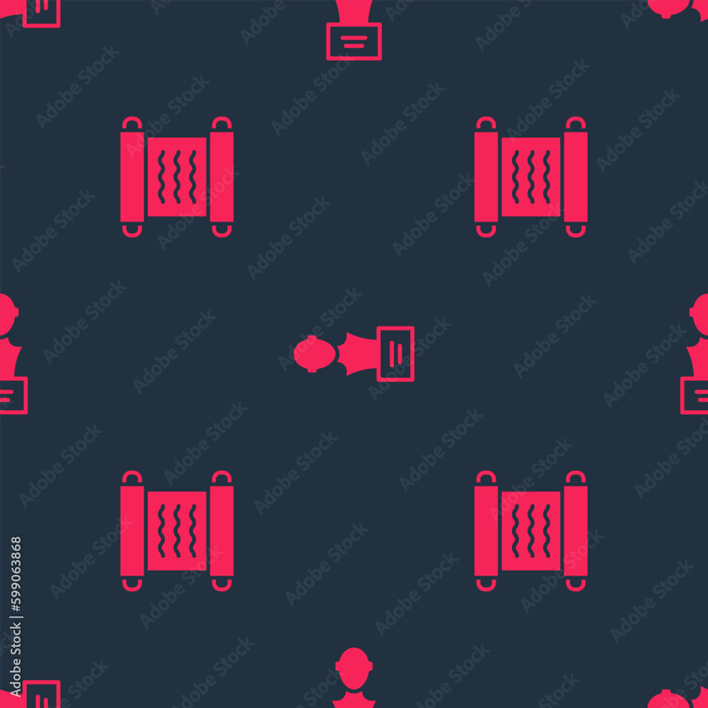 Poster set papyrus scroll and gypsum head sculpture bust on seamless pattern. vector
