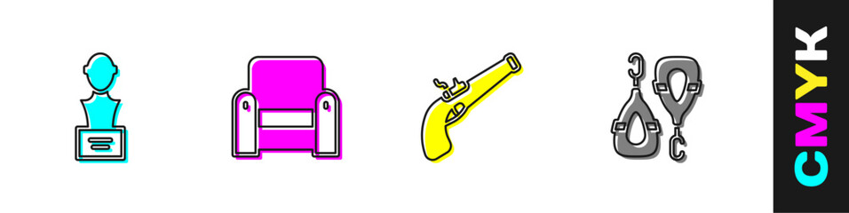 Set Gypsum head sculpture bust, Armchair, Vintage pistol and Earrings icon. Vector