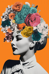 Vintage Illustration of a beautiful woman with colorful flowers on her head, collage, Pin up, pop art, Generative AI	
