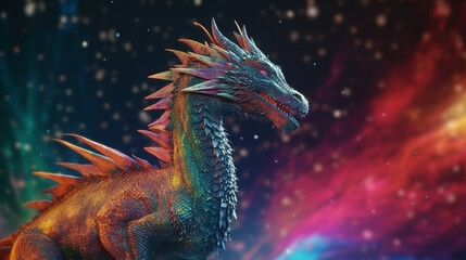 fantasy dragon against a colorful outer space background.generative ai
