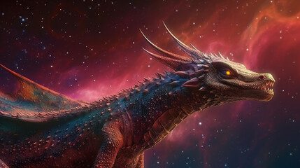 fantasy dragon against a colorful outer space background.generative ai