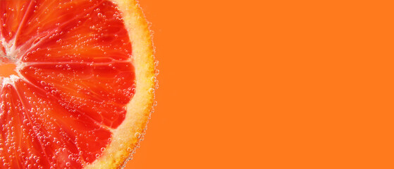 Blood orange slice in water against color background with space for text, closeup