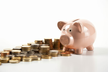 piggibank next to a stack of coins, generative AI