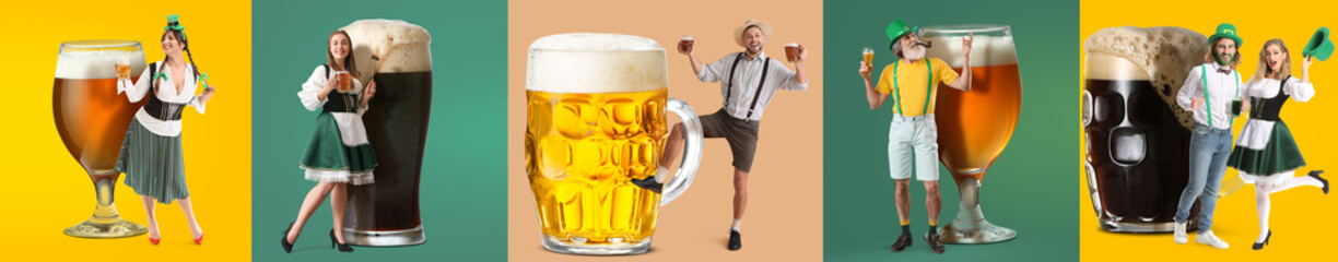 Different people with big glassware of beer on colorful background