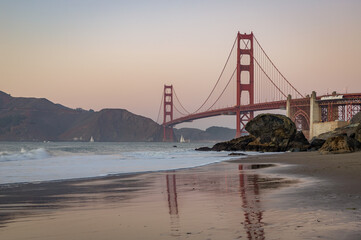 Golden Gate Bridge and Baker Beach at Sunset