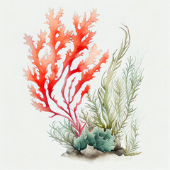 Watercolor Coral and Seaweed
