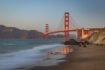 Golden Gate Bridge and Baker Beach at Sunset