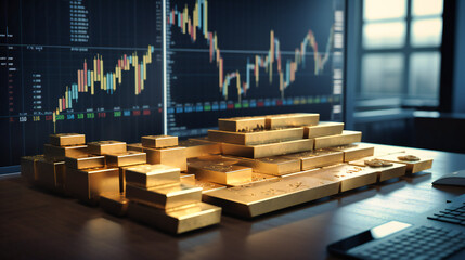  Gold Bars in front of  Assorted Charts showing treding information - obrazy, fototapety, plakaty