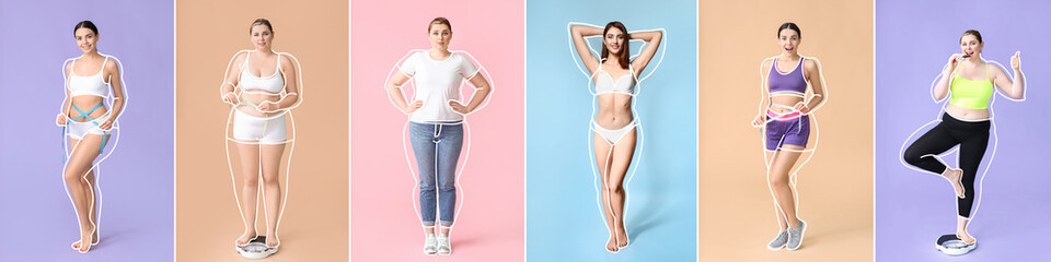 Set of beautiful young women after weight loss on color background - obrazy, fototapety, plakaty