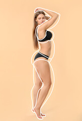 Beautiful young woman after weight loss on beige background