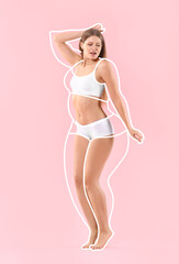 Beautiful young woman after weight loss on pink background