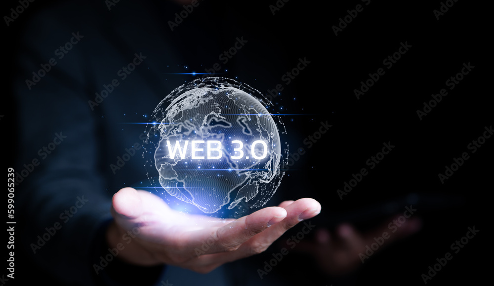 Poster businessman hand show web 3.0 with globe shape. leveraging web 3.0 blockchain future technology, glo